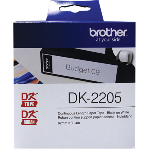 DK Series Continuous Length Label Tape, Paper, Black on White, 2-1/2" Width Fastek