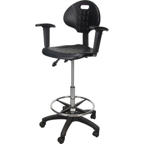 Heavy-Duty Ergonomic Stool with Adjustable Arm Rests & Nylon Stem Casters, Mobile, Adjustable, 39" - 48", Polyurethane Seat, Black Fastek