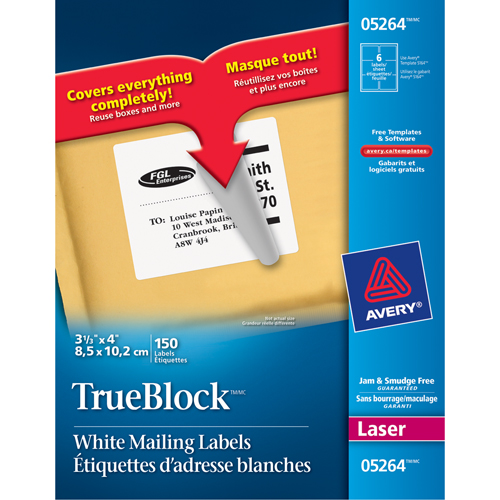 TrueBlock Laser Shipping Labels, 3-1/3" W x 4" L, White Fastek