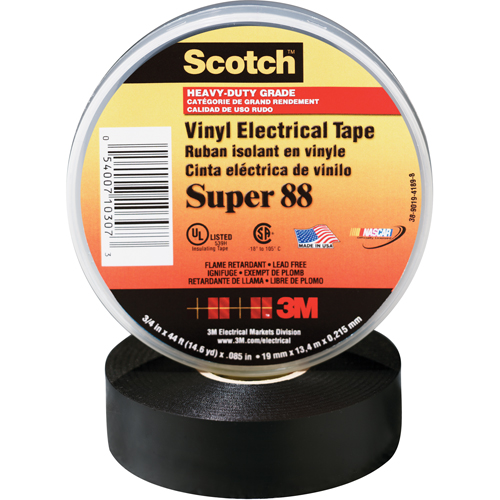 Scotch&reg; Super 88 Tape, 19 mm (3/4") x 20.1 m (66'), Black, 8.5 mils Fastek