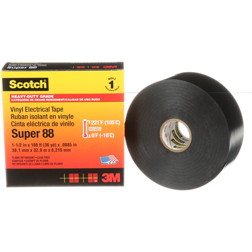 Scotch&reg; Vinyl Electrical Tape Super 88, 38 mm (1-1/2") x 33 m (108'), Black, 8.5 mils Fastek