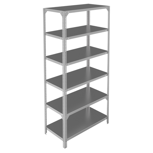 Shelving Unit, Galvanized Steel, Slotted Angle, 400 lbs. Capacity, 36" W x 72" H x 12" D Fastek
