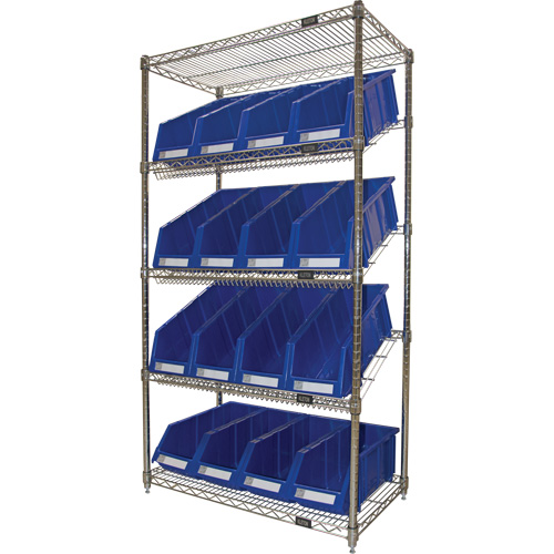 Slanted Wire Shelf with Bins, 5 Tiers, 36" W x 63" H x 18" D Fastek