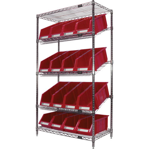 Slanted Wire Shelf with Bins, 5 Tiers, 36" W x 63" H x 18" D Fastek