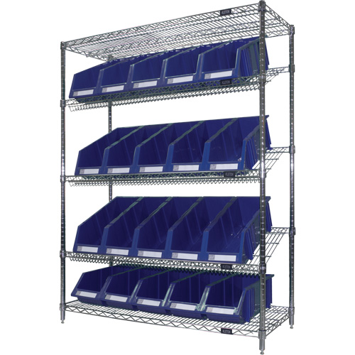 Slanted Wire Shelf with Bins, 5 Tiers, 48" W x 63" H x 18" D Fastek