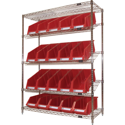 Slanted Wire Shelf with Bins, 5 Tiers, 48" W x 63" H x 18" D Fastek
