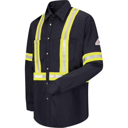 Work Shirt with Reflective Trim, Cotton/Nylon, Small, Navy Blue Fastek