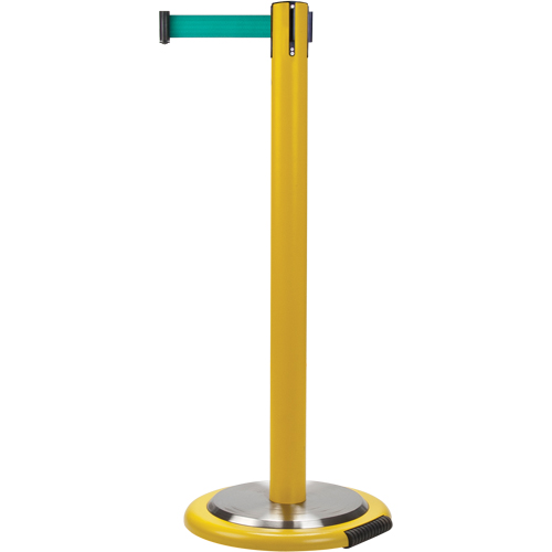Free-Standing Crowd Control Barrier, Steel, 35" H, Green Tape, 7' Tape Length Fastek
