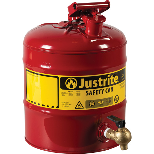 Bidon avec robinet s&eacute;curitaires pour laboratoires, Type I, Acier, 5 gal. US, Rouge, Homologu&eacute; FM Fastek
