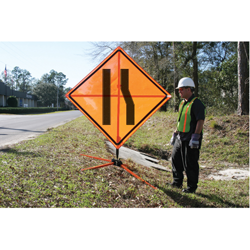 Tilt-Adjust Merge Left Roll-Up Construction Sign, 36" x 36", Vinyl, Pictogram Fastek