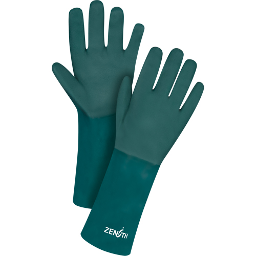 Double Dipped Green Gloves, 14" L, PVC, Cotton Jersey Inner Lining, 70-mil Fastek
