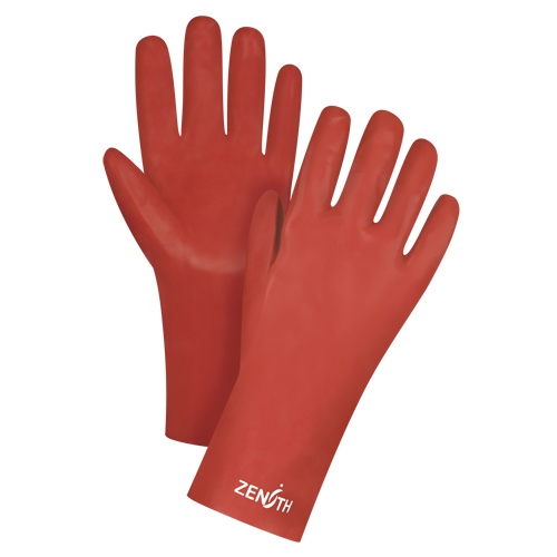 Red Smooth-Finish Chemical-Resistant Gloves, Size 9, 12" L, PVC, Interlock Inner Lining, 47-mil Fastek