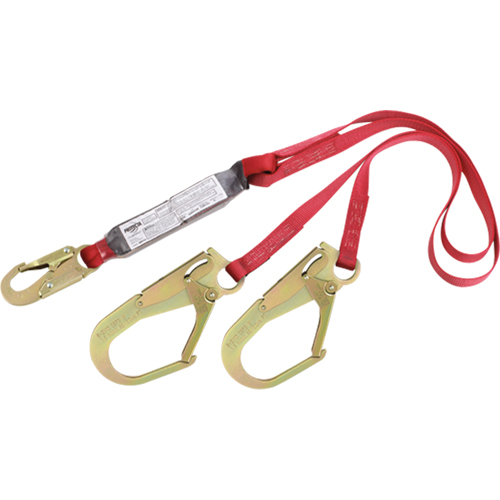 PRO Shock Absorbing Lanyards, 6', Rebar Hook Center, Snap Hook Leg Ends, Polyester Fastek