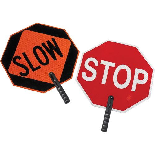 Double-Sided "Stop/Slow" Traffic Control Sign, 18" x 18", Plastic, English with Pictogram Fastek