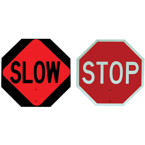 Double-Sided "Stop/Slow" Traffic Control Sign, 18" x 18", Plastic, English with Pictogram Fastek