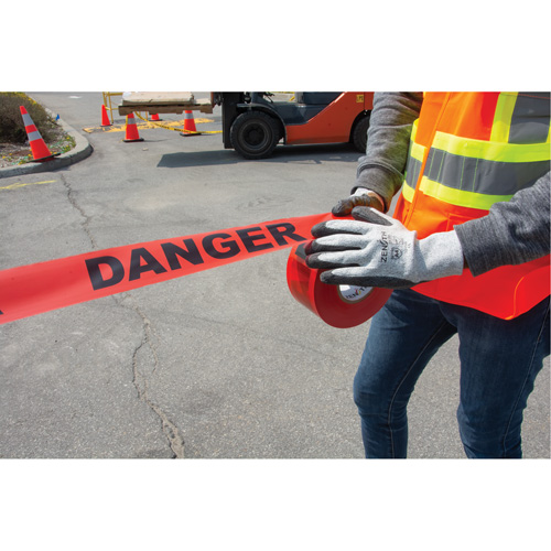 "Danger" Barricade Tape, Bilingual, 3" W x 1000' L, 1.5 mils, Black on Red Fastek