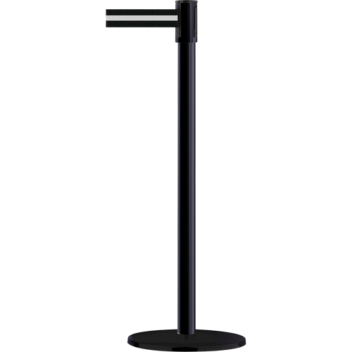 Slimline TensaBarrier&reg; Barrier Post, Steel, 38" H, Black/White Tape, 7.5' Tape Length Fastek