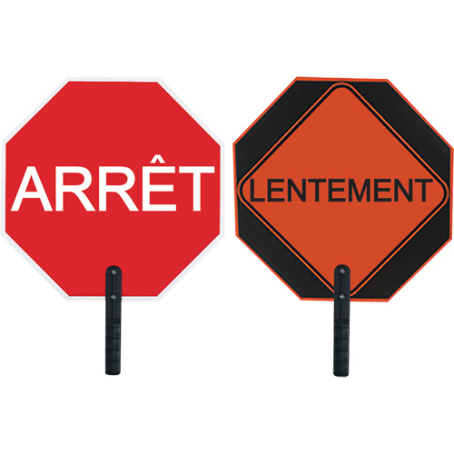 Double-Sided "Arr&ecirc;t/Lentement" Traffic Control Sign, 18" x 18", Aluminum, French with Pictogram Fastek