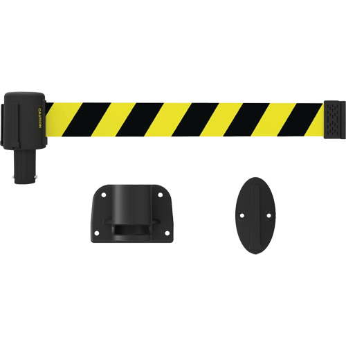 PLUS Wall Mount Barrier System, Plastic, Screw Mount, 15', Black and Yellow Tape Fastek