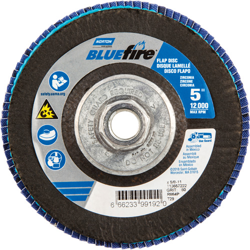 BlueFire&reg; Flap Disc, 5" x 5/8"-11, Type 29, 80 Grit, Zirconia Alumina Fastek