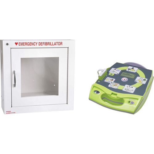 AED Plus&reg; Defibrillator with Alarmed Flush Wall Cabinet, Automatic, English, Class 4 Fastek