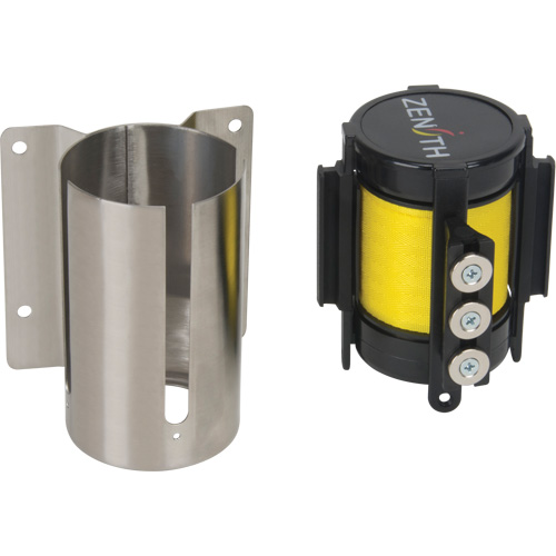 Barri&egrave;re &agrave; fixation murale avec ruban magn&eacute;tique, Acier, Fixation par vis, 12', Ruban Jaune Fastek