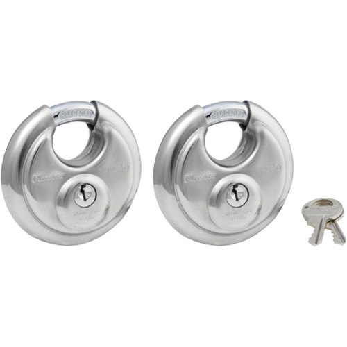 Shrouded Disc Padlocks, Silver, Keyed Alike, Stainless Steel, 2-3/4" Width Fastek