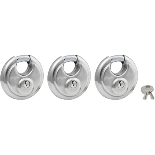 Shrouded Disc Padlock, Silver, Keyed Alike, Stainless Steel, 2-3/4" Width Fastek