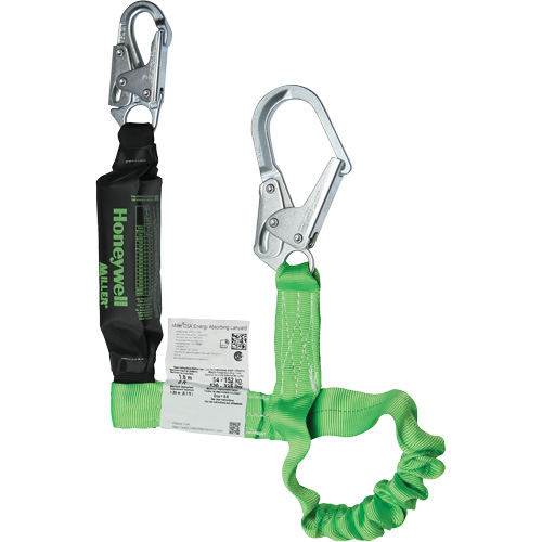 Miller&reg; StretchStop&reg; Shock-Absorbing Lanyard, 6', Locking Rebar Hook Center, Locking Snap Hook Leg Ends, Polyester Fastek