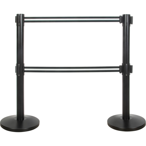 Barri&egrave;re pour le contr&ocirc;le des foules &agrave; courroie double, Acier, 35" h, Ruban Noir/Blanc, Longueur du ruban 7' Fastek