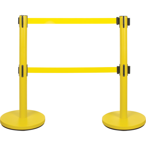 Dual Belt Crowd Control Barrier, Steel, 35" H, Yellow Tape, 7' Tape Length Fastek