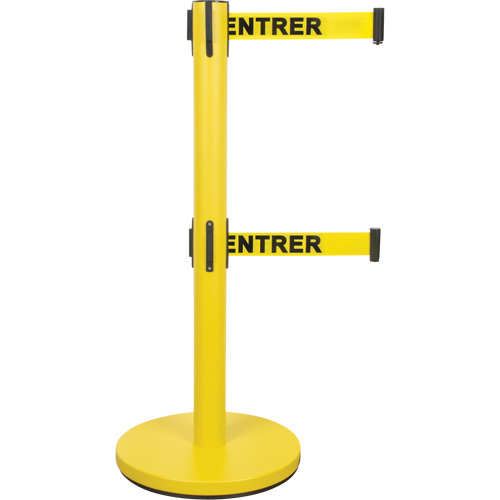 Barri&egrave;re pour le contr&ocirc;le des foules &agrave; courroie double, Acier, 35" h, Ruban Jaune, Longueur du ruban 7' Fastek