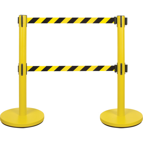 Dual Belt Crowd Control Barrier, Steel, 35" H, Black/Yellow Tape, 7' Tape Length Fastek