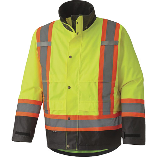 5401 Veste de s&eacute;curit&eacute; imperm&eacute;able 300D Trilobal antid&eacute;chirure, Polyester, Noir/Jaune lime haute visibilit&eacute;, T-petit Fastek