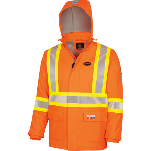 5884 Manteau imperm&eacute;able ignifuge et r&eacute;sistant aux arcs &eacute;lectriques avec capuchon Flash-Gard, Petit, Orange haute visibilit&eacute;, 51 cal/cm² Fastek