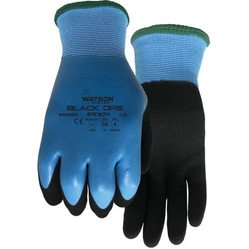 Stealth Black Ops Water-Resistant Gloves, Size Small, 15 Gauge, Rubber Latex Coated, Glass Fibre/Polyester Shell, ASTM ANSI Level A4 Fastek