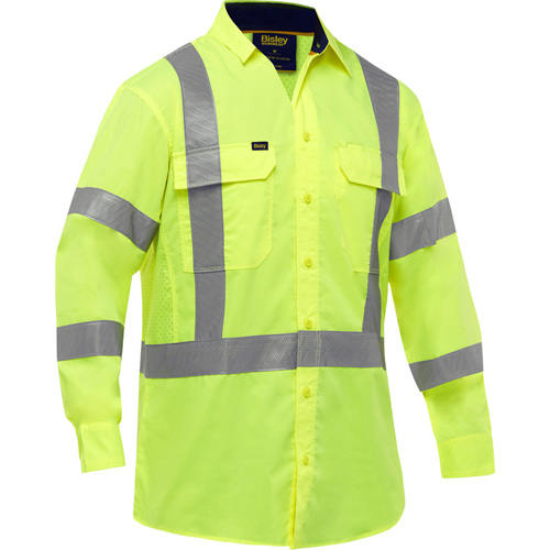 Bisley&reg; X-Back Long Sleeve Work Shirt with X-Airflow, Poly-Cotton, Small, High Visibility Lime-Yellow Fastek