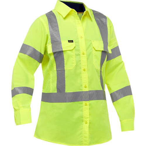 Bisley&reg; X-Back Women's Long Sleeve Work Shirt with X-Airflow, Poly-Cotton, Small, High Visibility Lime-Yellow Fastek