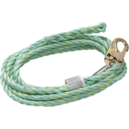 VL-1125-100 Cordage de s&eacute;curit&eacute; vertical avec mousqueton d'ancrage &agrave; une extr&eacute;mit&eacute; & &eacute;clisse dorsale d'extr&eacute;mit&eacute; &agrave; la traîne, Copolym&egrave;re Fastek