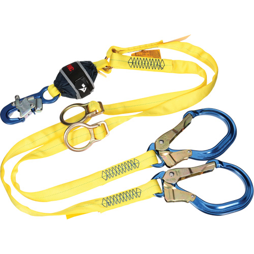 Twin-Leg Tie-Back Web Shock-Absorbing Lanyard, 6', Rebar Hook Center, Snap Hook Leg Ends, Polyester Fastek