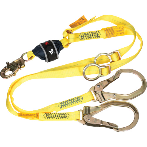 Twin-Leg Tie-Back Web Shock-Absorbing Lanyard, 6', Rebar Hook Center, Snap Hook Leg Ends, Polyester Fastek