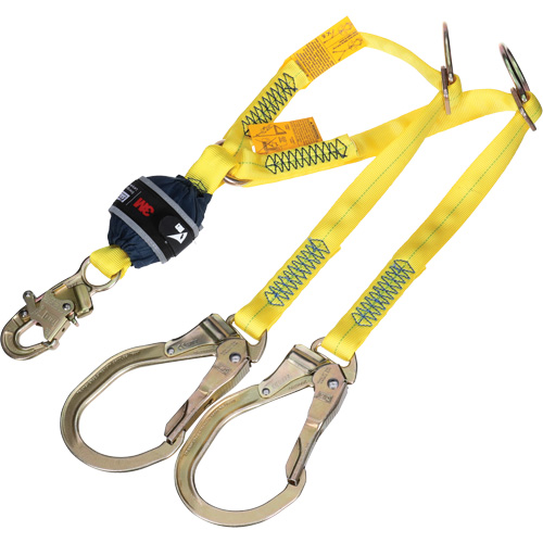 Twin-Leg Tie-Back Web Shock-Absorbing Lanyard, 4', Rebar Hook Center, Snap Hook Leg Ends, Polyester Fastek