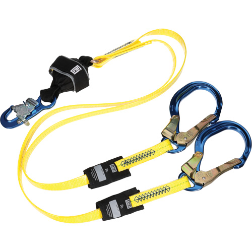 Twin-Leg Arc Flash Coated Web Shock-Absorbing Lanyard, 6', Rebar Hook Center, Snap Hook Leg Ends Fastek
