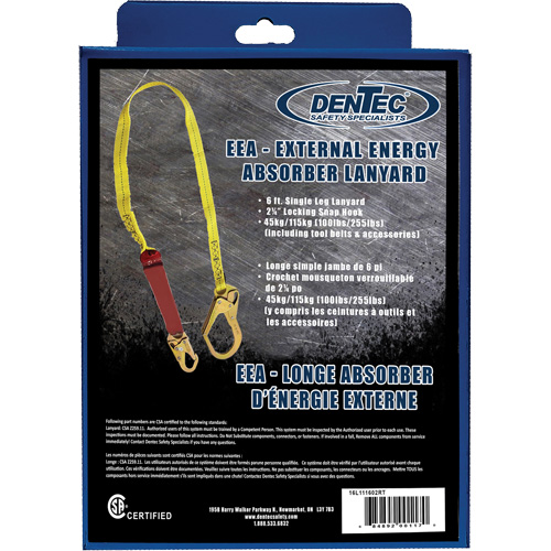 External Energy Absorber Lanyard with 2-1/4" Hook in Retail Box, 6', Snap Hook Center, Snap Hook Leg Ends, Polyester Fastek