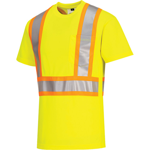 Contrast-Striped Safety T-Shirt, Polyester, Small, High Visibility Lime-Yellow Fastek