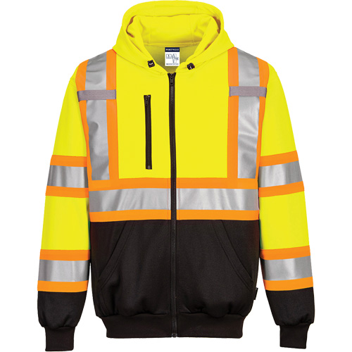 Contrast-Striped Safety Hoodie, Small, Black/High Visibility Lime-Yellow Fastek
