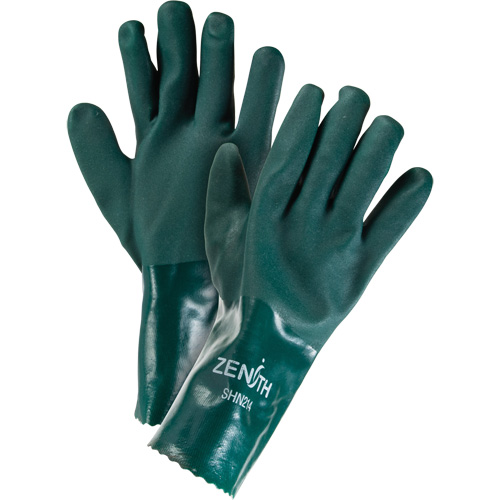 Double Dipped Green Gloves, 12" L, PVC, Cotton Jersey Inner Lining, 70-mil Fastek