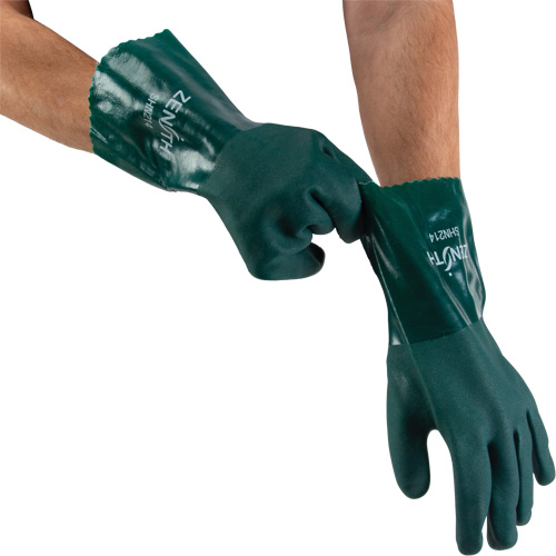 Double Dipped Green Gloves, 12" L, PVC, Cotton Jersey Inner Lining, 70-mil Fastek