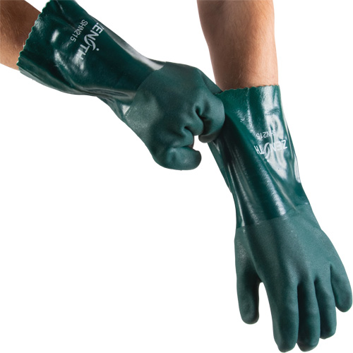 Double Dipped Green Gloves, 14" L, PVC, Cotton Jersey Inner Lining, 70-mil Fastek