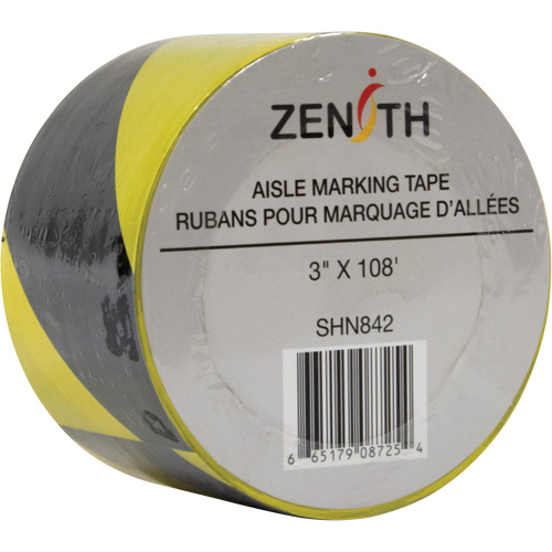 Aisle Marking Tape, 3" x 108', PVC, Black and Yellow Fastek